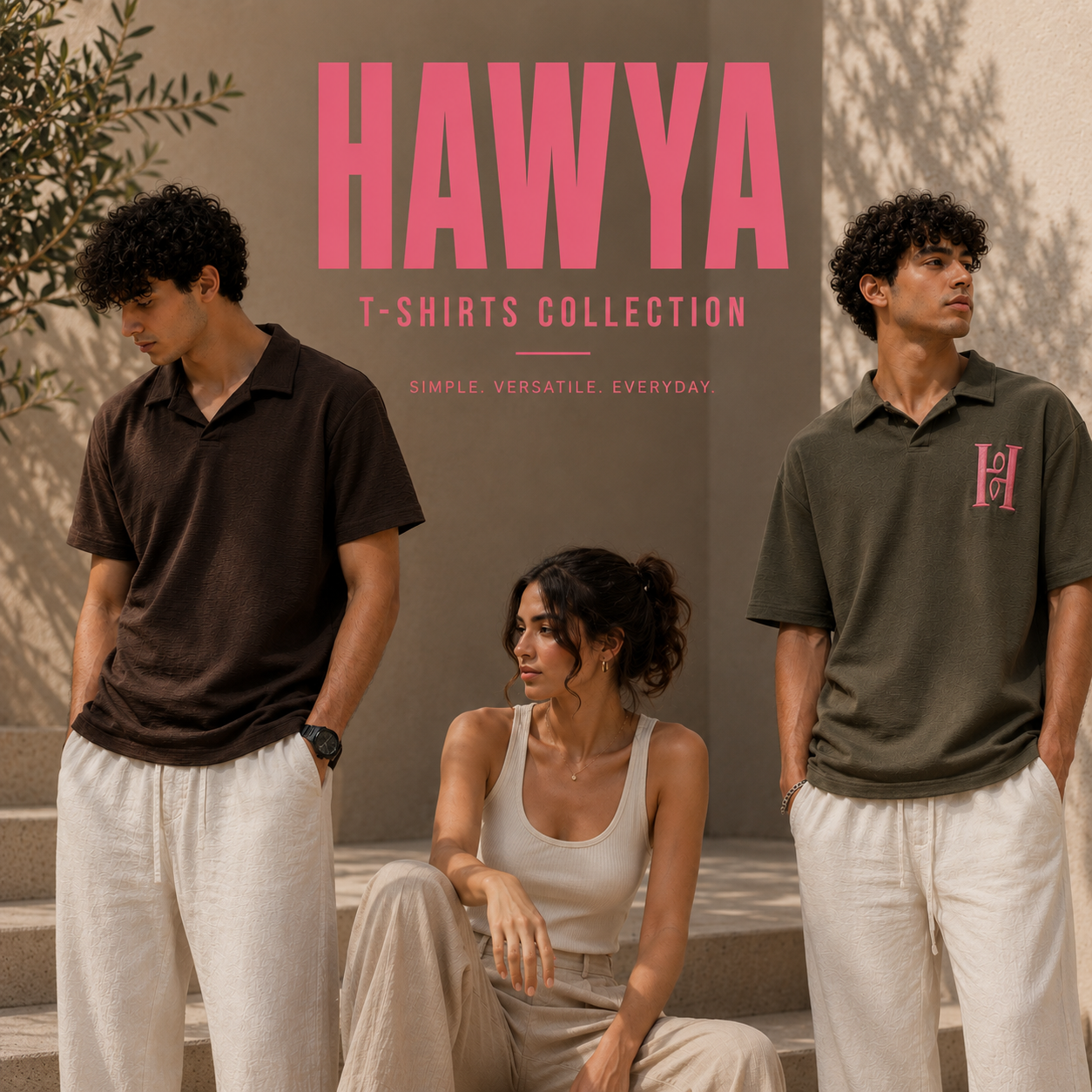 A man wearing a white crewneck t-shirt with 'HAWYA' printed in a light pink outline font across the chest, shown from a side profile against a plain white background.