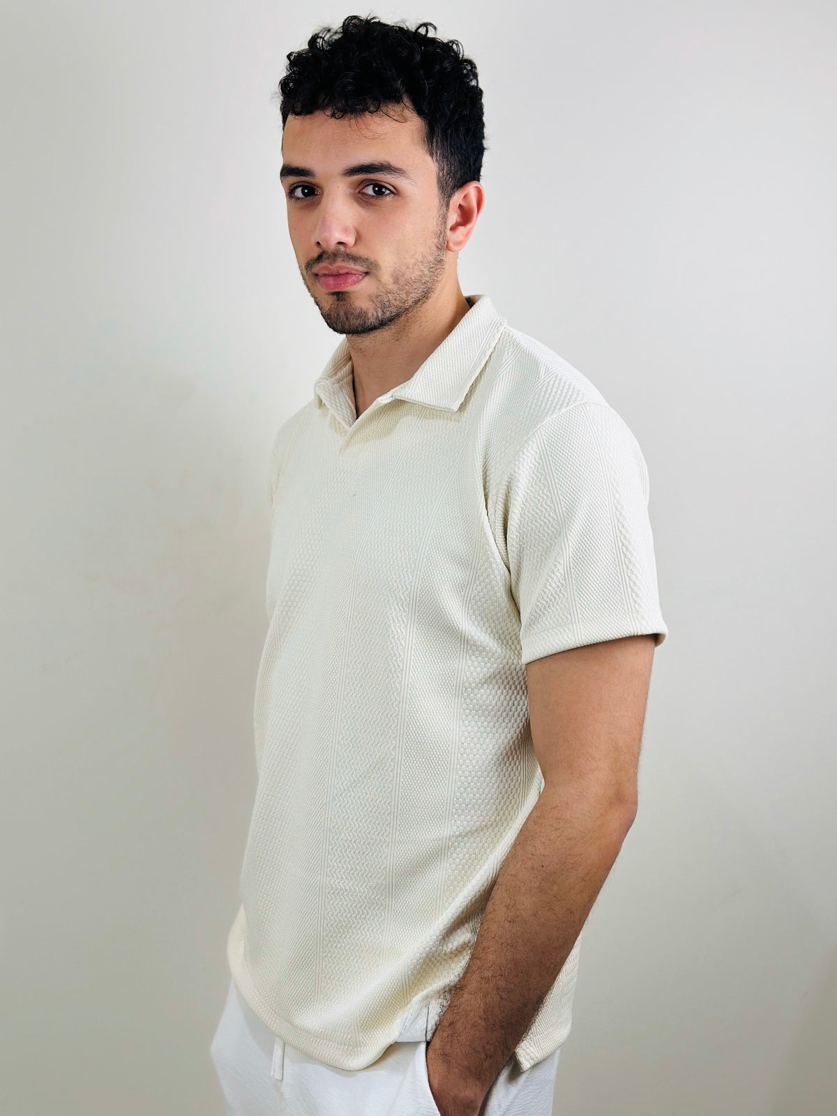HAWYA Micro-Textured Tailored Polo - Off-White / Cream
