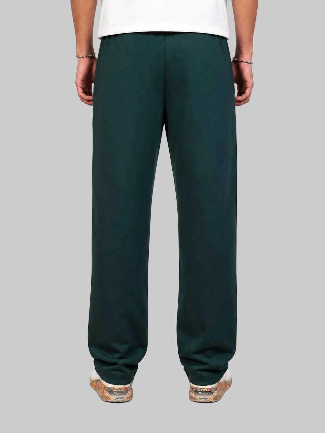 A person shown from the back wearing dark green wide-leg sweatpants, a white top, and brown shoes against a plain white studio background.
