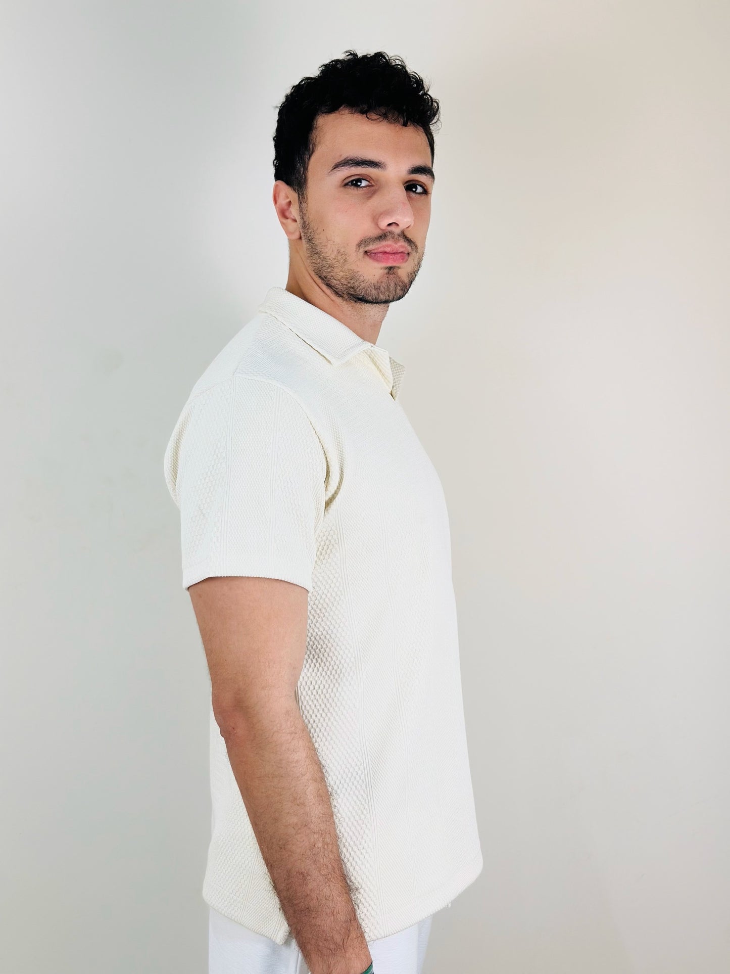 HAWYA Micro-Textured Tailored Polo - Off-White / Cream